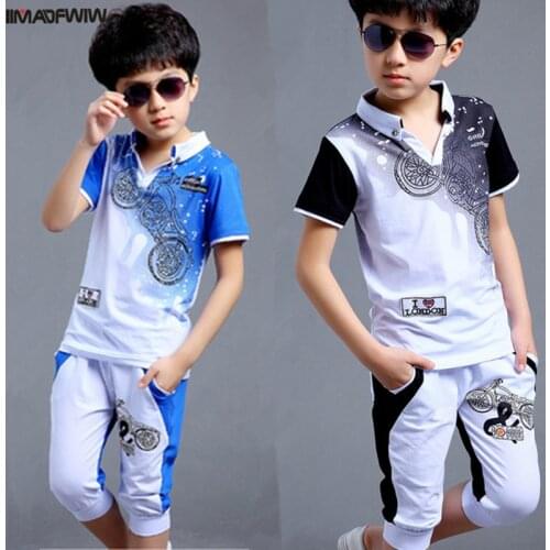 5-16T Boy Fashion Casual Sport Suit Clothing Set Motorcycle Print Short Sleeve Knitted Children Teens Clothes 2021 Summer New