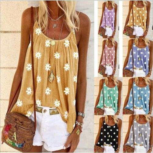 2020 European and American Summer Womens Small Daisy Printed Top Shirt with Narrow Straps Large Size Loose plus size S-5XL