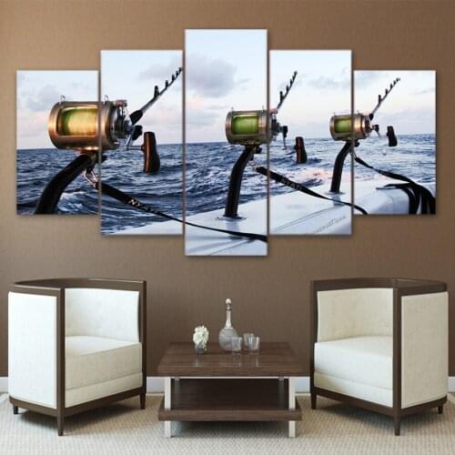 5 Pieces canvas Fishing rod at sea painting Wall Art Canvas Pictures For Living Room Bedroom