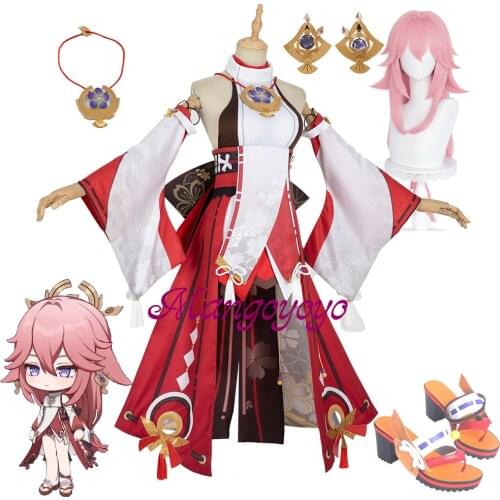 Anime Genshin Impact Yae Guuji Cosplay Costume Dress Party Outfit Women Halloween Carnival Wigs Shoes Uniform