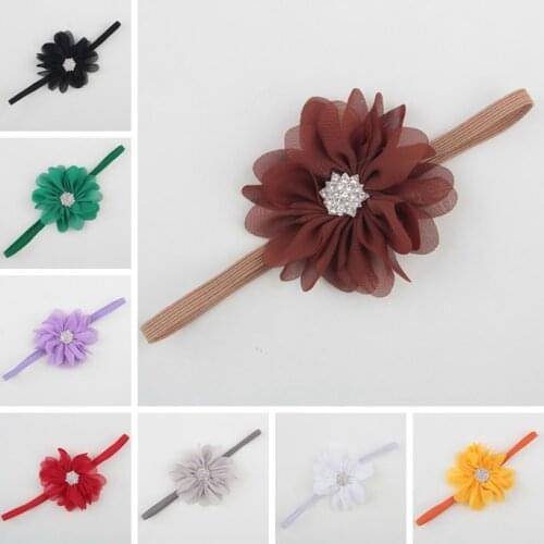 Shining Rhinestone Floral Infant Headband 7 CM Solid Color Chiffon Flower Hairband Elastic Baby Girl Headwear Clothing Ornaments