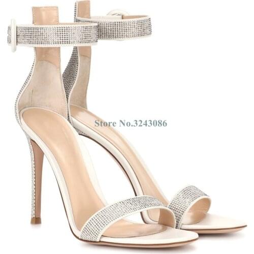White Leather Buckle Strap Thin High Heel Sandals Bling Bling Crystal Single Strap Stiletto Heel Summer Elegant Wedding Shoes
