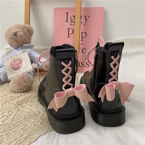 Shoes Women Pink Bow Boots Woman Student Short Boots British Style Thick Bottom Plus Velvet All-match Single Boots