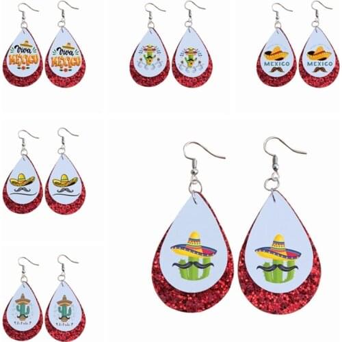 Two Layers Diy Pu Leather Teardrop Earrings Glitter Earrings For Mexican Fiesta Party Sombrero Gift