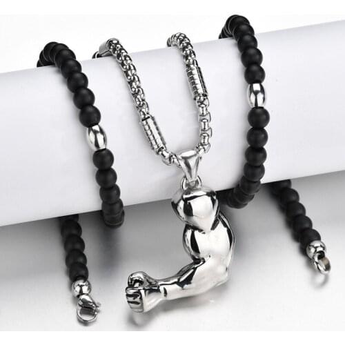 Fitness Strong Men Body Building Sports Arm Pendant Necklace Black Beads Chain For Man Weightlifters Gift
