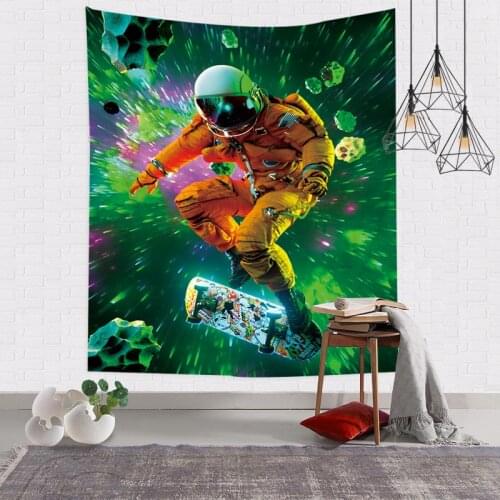 90x70 Inch Cool Astronaut Tapestry Cartoon Spaceman Skateboard In Outer Space Galaxy Planet Tapestry Wall Hanging For Home Decor