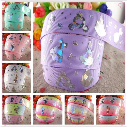 18052104, 1" 25mm 50 yards laser silver cute cartoon princess printed grosgrain ribbons gift packaging DIY handmade materials
