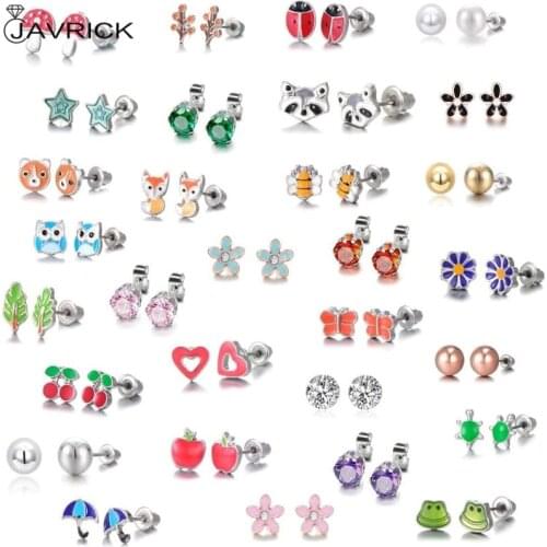 30 Pairs Stainless Steel Mixed Animals Heart Star Ladybug Bee Frog Mushroom Tree Daisy Umbrella Stud Earrings Set Kids