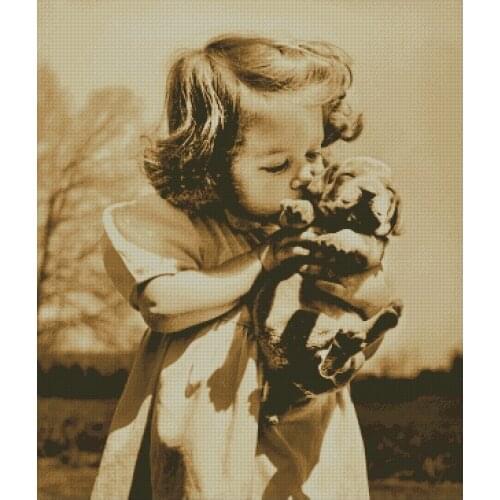 Cute girl kissing puppy, dog baby Top Quality Embroidery Needlework 14CT Unprinted Art Cross Stitch Kits DIY Handmade Home Decor