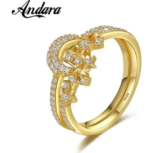 New S925 Sterling Silver Ring Star Moon Set Ring Hollow Retro Inlaid Zircon Ring For Woman Charm Jewelry Gift