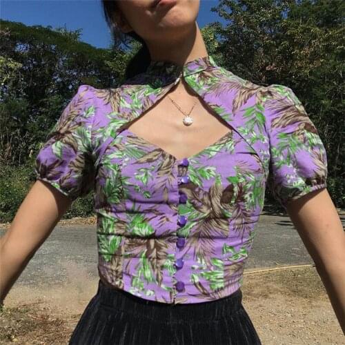 Summer New Womens Round Neck Short Sleeve Tops Print Flower Cardigan Corset Top Sexy Crop 90s Clothes Vintage T-shirt