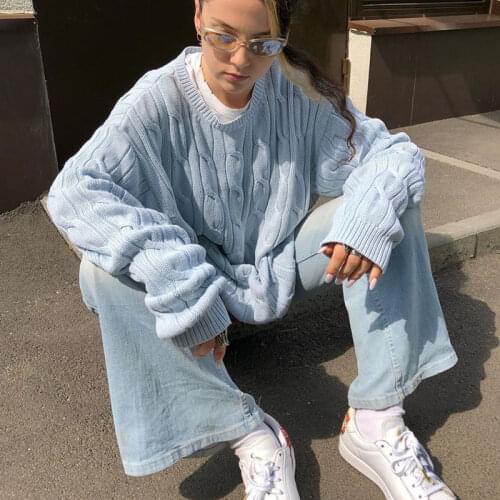 B-TOTO American Retro Soft Milk Blue Twist Sweater Women Pullover Loose Outer Wear Sweater 2021 New Fashion