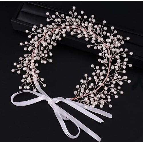 Luxury Pearl Flower Headbands Wedding Hair Accessories Handmade Red Black Stone Crowns and Tiaras Ribbon Headbands Head Jewelry