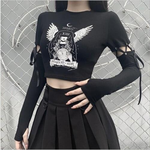Women’s Vintage Anime Print T-shirt Fashion Tie-up Stitching Long Sleeve Exposed Navel Tops