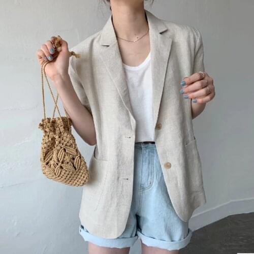 2021 New Women Spring Summer Cotton Linen Blazer Jacket Half Sleeve Single Breasted Coat Outwear Tops
