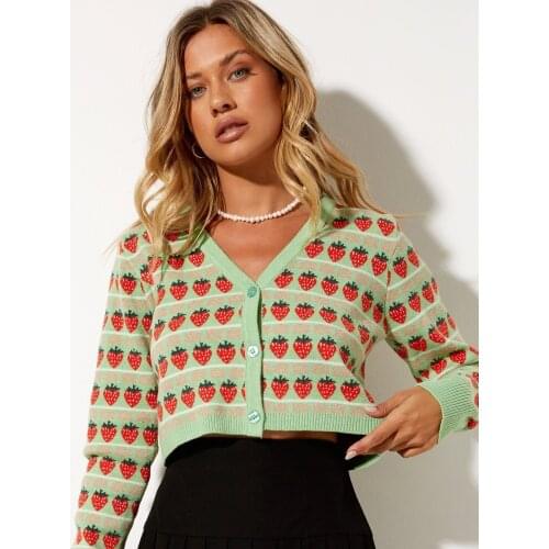Women Green Cardigan Single Breasted Cropped woman sweaters Strawberry Print crop sweater v-neck autumn cardigan Lolita style