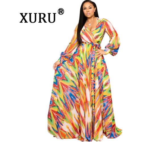 XURU summer new chiffon dress digital print bohemian style large loose dress womens clothing S-3XL-5XL
