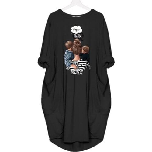 Plus Size Dresses Womens Loose Midi Dress Long Sleeve Robe Femme Super Mama Print O Neck Pocket Casual Vintage Autumn Vestidos