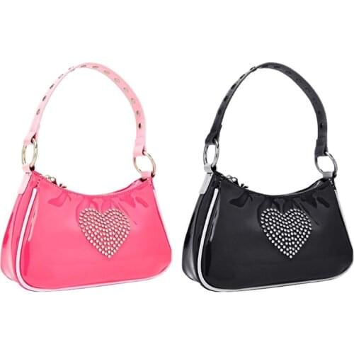 066F Fashion Women Underarm Bag Retro PU Leather Clutch Bags Rhinestone Heart Handbag Vintage Top-Handle Shoulder Bag