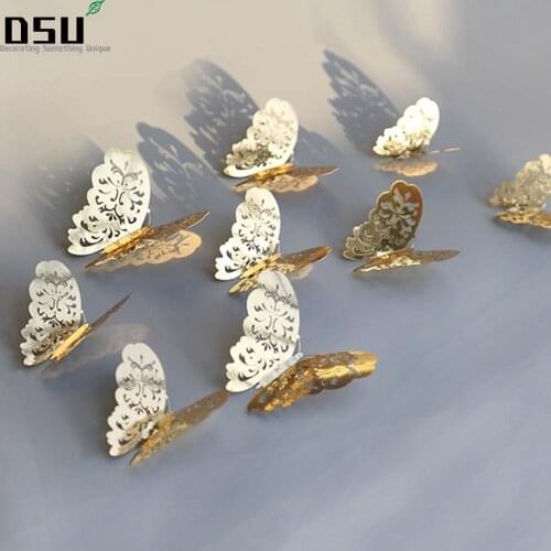 12PCS 3D Hollow-out Butterfly Wall Sticker Elegant Metal Texture Mural Wall Decoration for Living Bedroom Gift30 Wallpaper