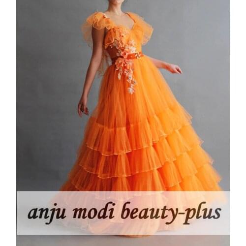2020 Orange Long Off Shoulder Tiered Prom Dresses Sleeveless V Neck Tulle Formal Evening Party Ball Gown Robe De Soiree