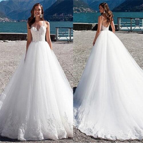 Spaghetti Strips Ball Gown Wedding Dresses Lace Appliques White Wedding Dresses Garden Women Fashion Bridal Gowns Custom