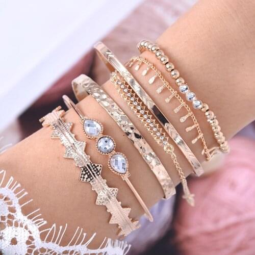 7 Piece Sets Bohemia Boho Women Girl Lady Female Gold Color Cuff Bangle, Rhinestone Triangle Bracelet, Bohemian Bracelet