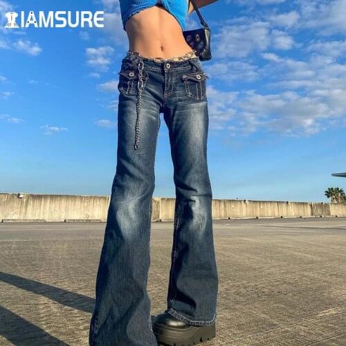 IAMSURE Pockets Low Waisted Jeans Vintage Flare Pants Streetwear WomenS Trousers Wide Leg Pants 2021 Autumn Winter Fashion 90S