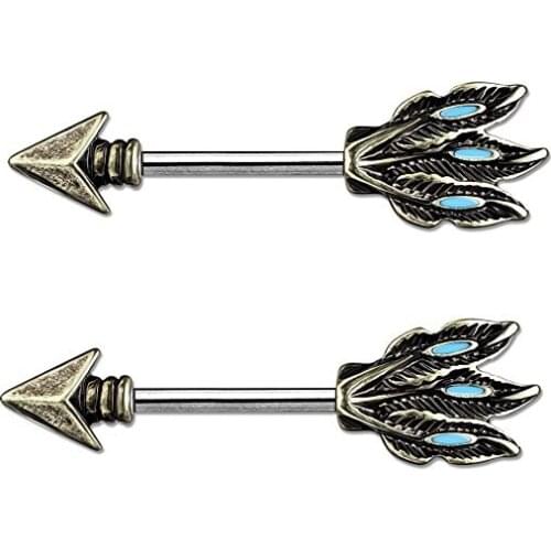 Tribal Arrow or Spear with Antique Gold Tone Nipple Bars Barbells Rings - 14G 316L Stainless Steel - Sold as a Pair