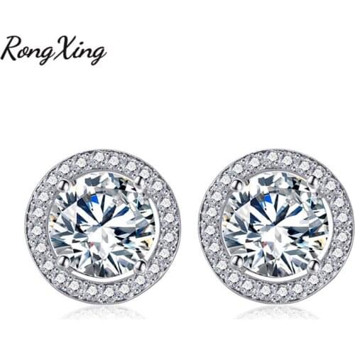 RongXing Silver Color White Zircon Round Stud Earrings For Women Wedding Fashion Jewelry Vintage Earrings Ear0773