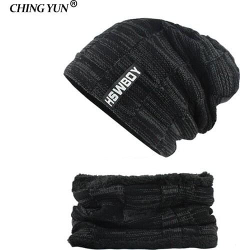 Mens Hats Korean Street Fashion Knitted Wool Boy Cap Thick Villus Winter Warm Hit Color Outdoor Monochrome Man Hat Collar Set