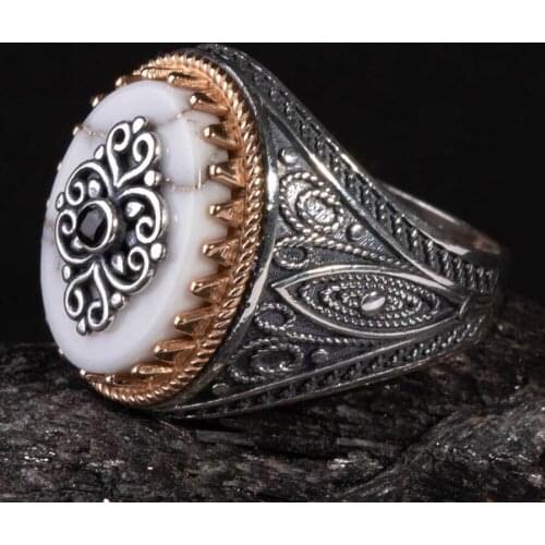 Men Silver White Pearl Stone and Zircon Stone Ring Ornate Vintage Men Silver Accessory High Quality Ring
