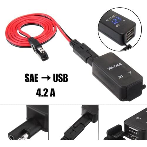 New Arrival Motorcycle SAE to USB Cable Adaptor 12V-24V Dual USB Cell Phone Charger with Voltmeter Motorcycle Accessories