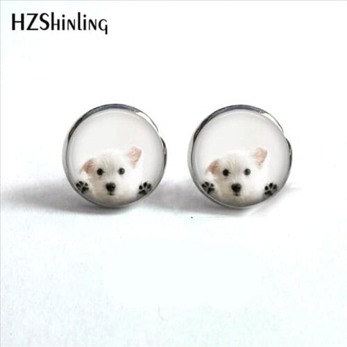 ED-0023 New White Dog Peeking Earrings Handmade Glass Dome Cute Peeking Dog Stud Earrings Wholesale HZ4