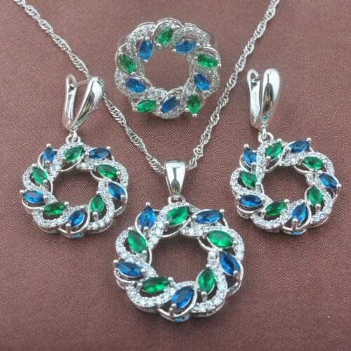 Captivating Green & Blue Zircon Womens Silver Color Jewelry Sets Necklace Pendant Earrings Ring TZ0379