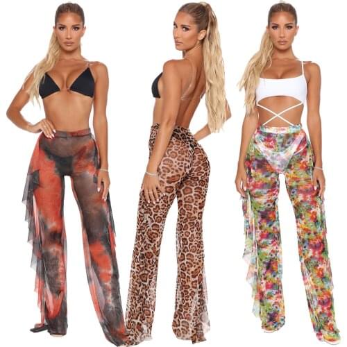 Sexy Fashion Super Stretch Mesh Pants Leopard Print Beach Ruffled Sunscreen Pants Comfortable Fabrics Summer Casual Long Pants