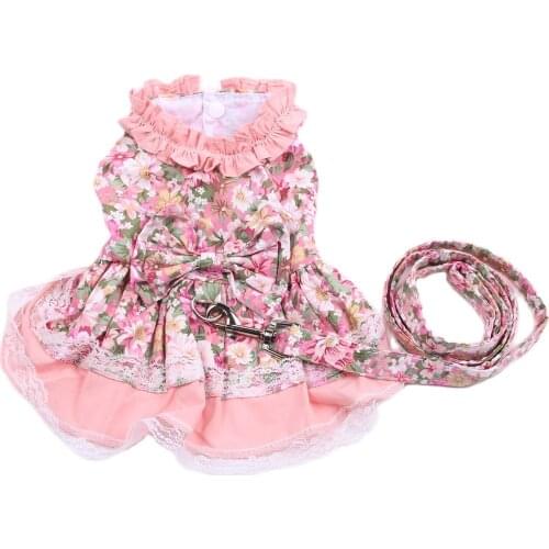 New Dog Cat Dress Shirt Floral&Bow with Matching Dog Leash Pet Puppy Skirt Spring/Summer clothes apparel 5 sizes 2 Colours