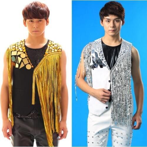 Summer style personality slim male paillette vest men gold silver tassel punk rock costumes singer dance stage fashion novelty