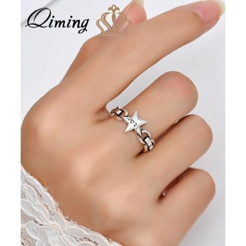 QIMING New Trend Thai Silver Vintage Star Rings For Women Girls Pentagram Symbol Open Ring Party Jewelry Wholesale Gift