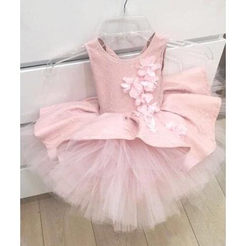 Blush pink french lace soft tulle flower girl dress with chiffon flowers appliques baby birthday gown toddler tea party outfit