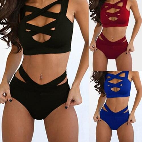 Sexy Womens Bikini 2 Pieces Set Bandage Stretch Bodycon Swimwear Push-Up Padded Cross Up Swimsuit High Waist Bathing Suit Plain