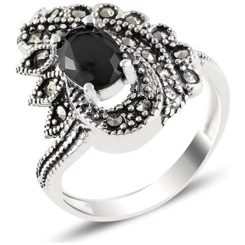 Silver 925 Sterling Black Zircon & Marcasite Ring