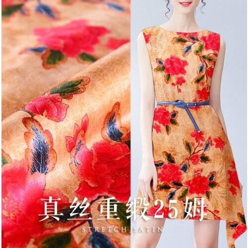 Big flower silk heavy satin 25 momme digital printing heavy silk fabric silk satin fabric silkworm cheongsam skirt DIY fabric