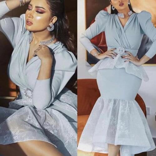 Blue prom dresses 2020 satin pleats lace mermaid ruffle light blue evening dresses sheath formal dress