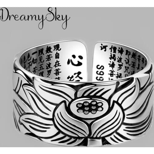 Vintage Real Pure Silver Color Lotus Flower Rings for Women Wedding Big Open Finger Ring Anillos Anelli