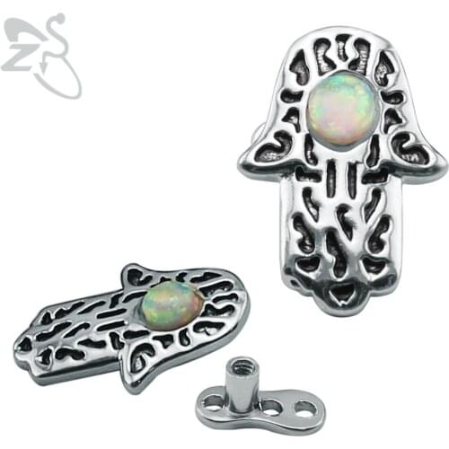 Vintage Style Hamsa Hand Dermal Ancher Round Opal Skin Diver Dermals Surgical Steel Internally Threaded Screw Piercing Jewelry