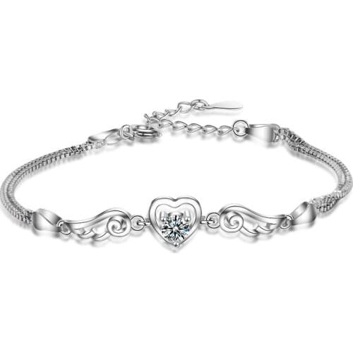 Fine 925 Sterling Silver Jewelry Angel Wings Heart Zircon Bracelets for Women Girls Sweet Lovers Gifts Female Mujer Bijoux SB137