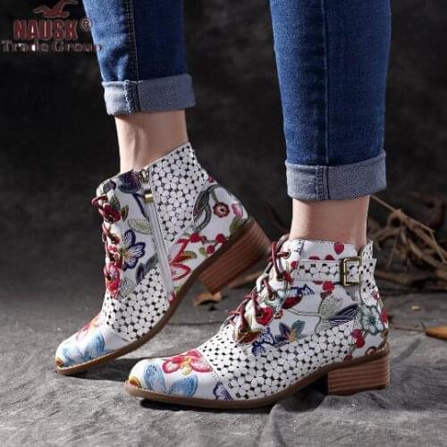 2021 Painting Flower Pattern Boots Women Cow Leather Splicing Lace-Up Stitching Shoes Botas Feminina Dames Laarzen Ankle Boots