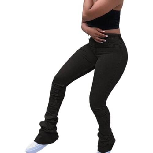 2021 Ruched Denim Blue High Wait Stacked Pants Autumn 2021 Women Clothing Streetwear Jeans Fashion Skinny Pockets Trousers