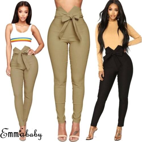 2020Women High Waist Leggings Autumn Solid Lacing Waist Belt Pencil Pants Skinny Pant Elegant Officewear Bottoms Trousers